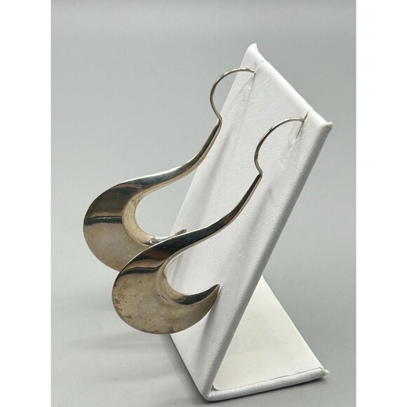 Sterling Silver Long Statement Earrings Pierced Long Dangle Hook Shaped - Picture 4 of 7